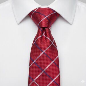 Tommy Hilfiger Men's Red Blue White Plaid Silk Tie Classic Preppy Necktie